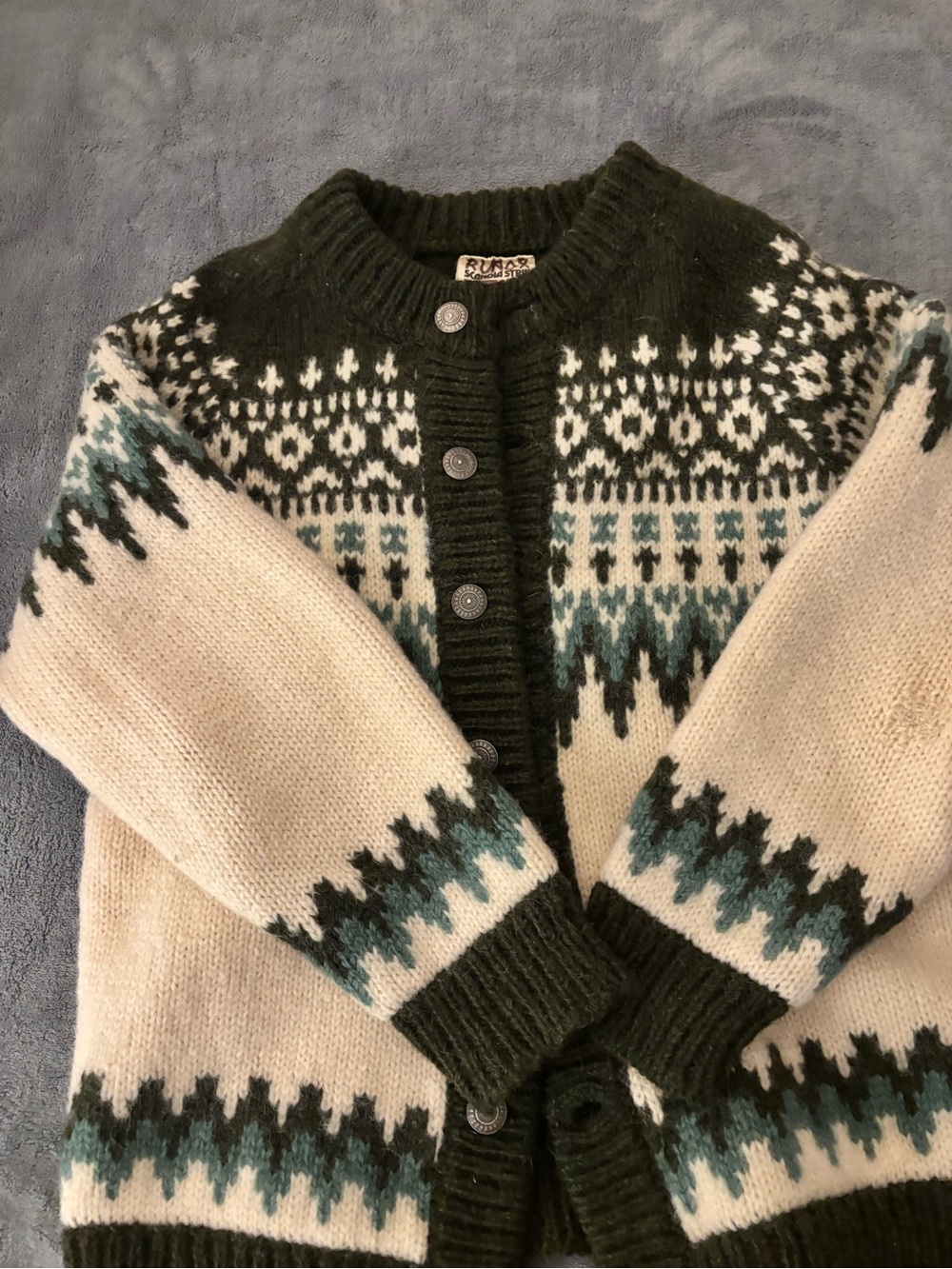 Scandinavian Handknit Green & Cream Fair Isle Cardigan Sweater
